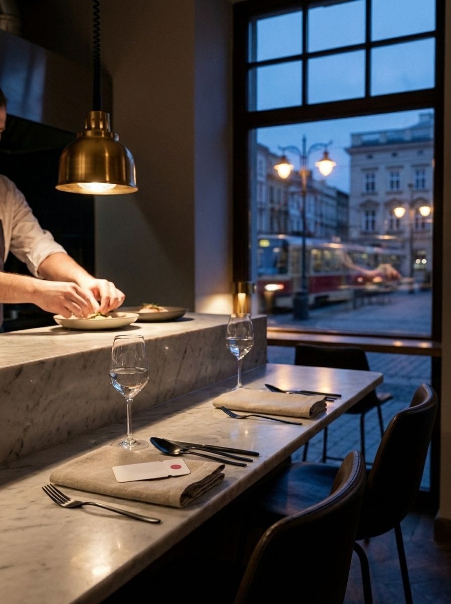 Dwa nakrycia przy barze w restauracji, na jednej serwetce leży bilet okdate